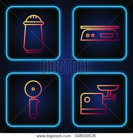 Set Line Kitchen Meat Grinder, Pizza Knife, Salt And Pepper And Electronic Scales. Gradient Color Ic
