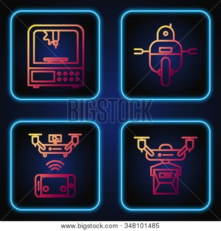 Set Line Drone Delivery Concept, Remote Aerial Drone, 3d Printer And Robot. Gradient Color Icons. Ve