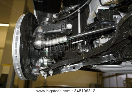 Elements And Design Of The Front Suspension Of A Modern Car. Drive Shaft With Protective Cover, Susp