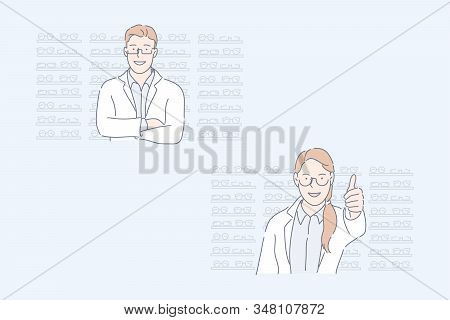 Optics Store, Oculist, Eyes Health Set Concept. Young Man Oculist Advertises His Optics Store. Happy