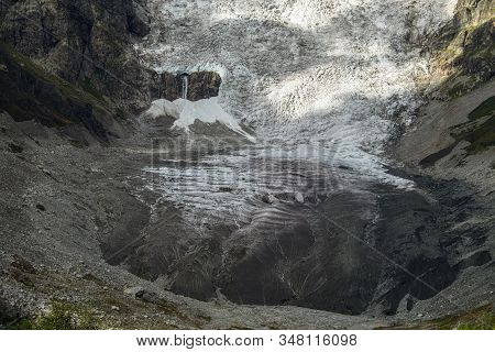 Glacier Lardaad Adishi Icefall And Tongue With Small Waterfall On It Moraine And Kar In Mountains Of