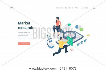 Man And Woman Researching Online Market. Isometric Vector Illustration