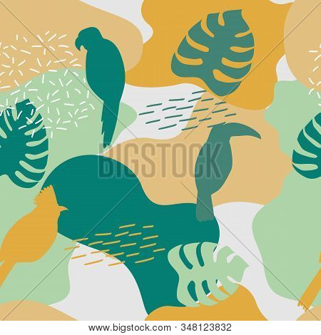 Tropical Seamless Pattern With Monstera And Bird. For Textile, Fabric, Fashion, Wrapper And Surface.