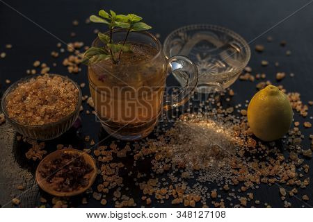 Special Gond Katria Summer Drink In A Glass Mug On Wooden Surface With Some Black Pepper And Lemon J