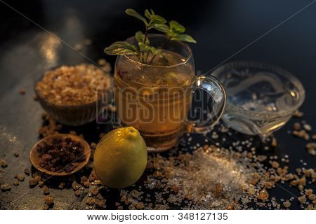 Special Gond Katria Summer Drink In A Glass Mug On Wooden Surface With Some Black Pepper And Lemon J