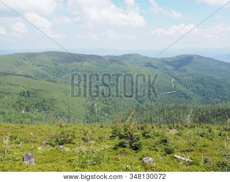 Scenery Of Silesian Beskids Mountains Range Landscapes Near Salmopol Pass Above European City Of Szc