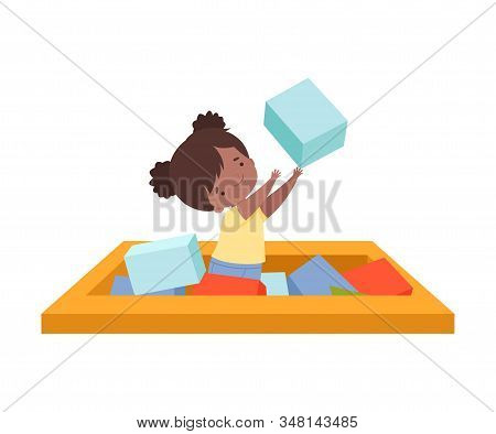 Cute Little Girl Playing In A Pool With Soft Colorful Cubes, Active Children Leisure Vector Illustra