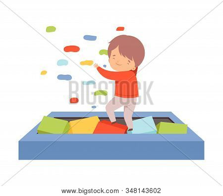 Cute Happy Little Boy Playing In A Pool With Soft Colorful Cubes, Active Children Leisure Vector Ill