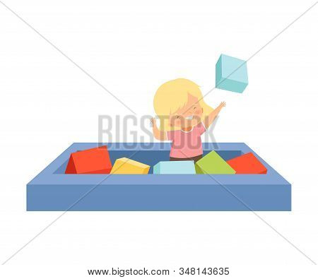Cute Happy Little Girl Playing In A Pool With Soft Colorful Cubes, Active Children Leisure Vector Il
