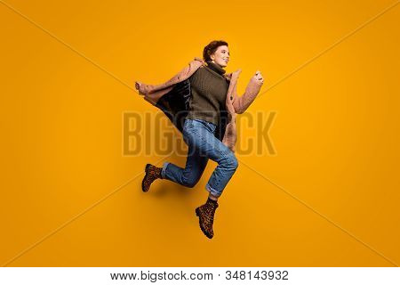 Full Length Profile Photo Of Funny Beautiful Lady Jump High Up Rushing Shopping Center Wear Casual P