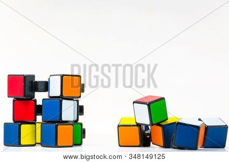 Karlsruhe, Germany On December 8, 2017: Rubiks Cube In Pieces With Whitespace