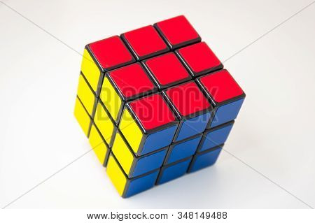 Karlsruhe, Germany On December 8, 2017: Solved Rubiks Cube 3d Puzzle For Brain Exercise And Successf