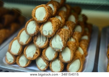 Sweet Italian Desssert, Pile Of Cannoli Pastry Filled With Ricotta Cream Cheese Close Up