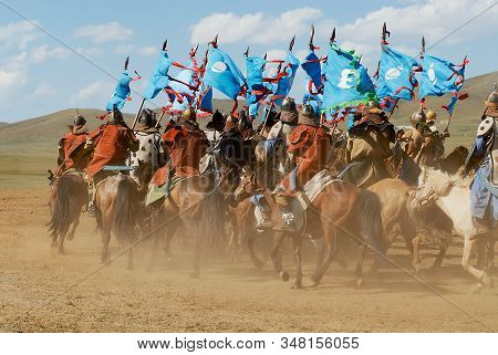 Ulaanbaatar, Mongolia - August 17, 2006: Mongolian Horse Riders Take Part In The Traditional Histori
