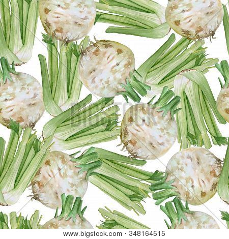Watercolor Hand Drawn Seamless Pattern Of Tasty Vegetable Green Celery. Apium Pascal Stems Leaves Ce