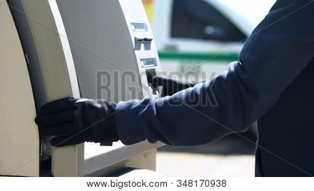 Technical Support, Security Man Checking Safety Of Automated Teller Machine