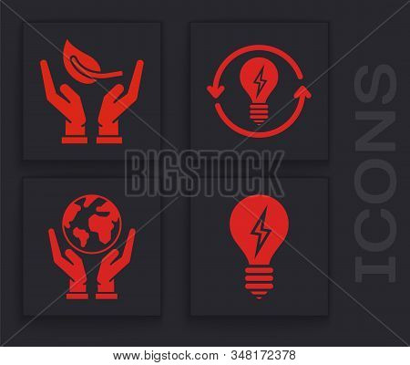 Set Light Bulb With Lightning Symbol, Sprout In Hand Of Environmental Protection, Recycle And Light 