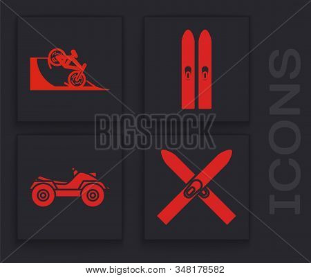 Set Ski And Sticks, Bicycle On Street Ramp, Ski And Sticks And All Terrain Vehicle Or Atv Motorcycle