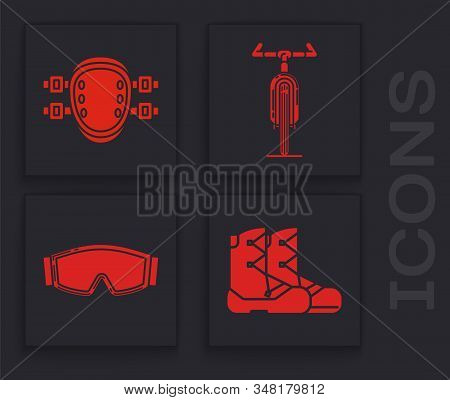 Set Boots, Knee Pads, Bicycle And Ski Goggles Icon. Vector