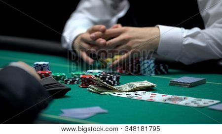 Poker Game Addicted Person Betting All Money And Chips, Bad Business Investment