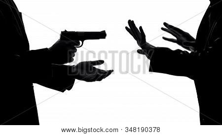 Scared Man In Front Of Gangster Threatening With Gun, Extortion Victim, Robbery