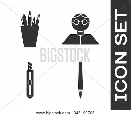 Set Pen, Pencil Case Stationery, Stationery Knife And Student Icon. Vector