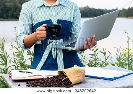 The Woman Inspected The Coffee Bean Quality And Recorded The Results.