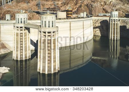 Boulder City, Nevada, United States: July 6 2009: Hoover Dam With Penstock Water Inlet Towers. A Con
