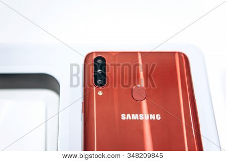 Turkey, Istanbul, December 20, 2019: Close-up Of The Back Cover Or Rear View Of The New Modern Samsu