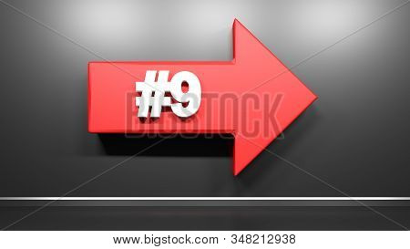 Number Nine Red Arrow At Black Background - 3d Rendering Illustration