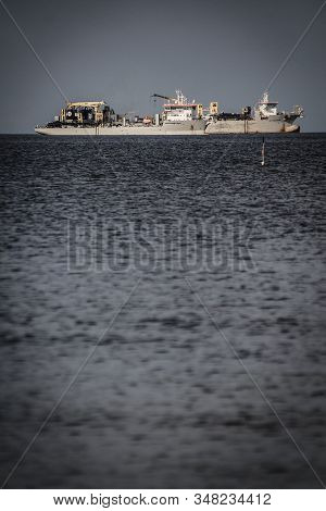 Gdansk, Poland - 19 August 2019: Two Cargo Ships Awaiting On Port Of Gdansk Roadstead In Gdansk Bay