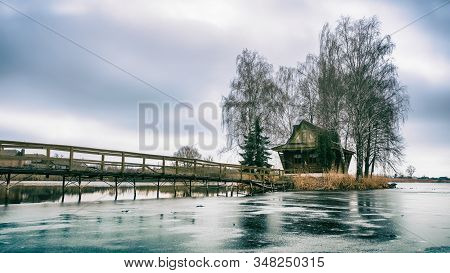 Morning Landscape, Wooden Hunting Lodge, On A Small Man-made Island.