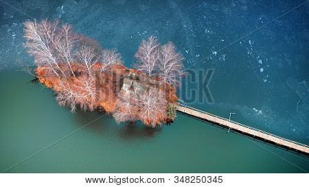 Morning Landscape, Wooden Hunting Lodge, On A Small Man-made Island.