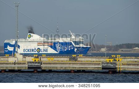 20 April 2019, Tallinn, Estonia. High-speed Passenger And Car Ferry Of The Finnish Shipping Concern 