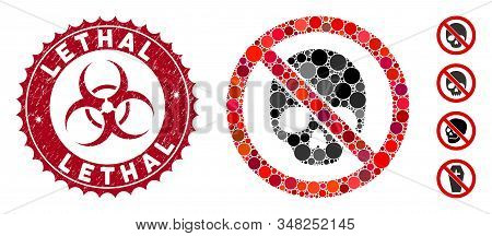 Mosaic No Dead Skull Icon And Grunge Stamp Seal With Lethal Caption And Biohazard Symbol. Mosaic Vec