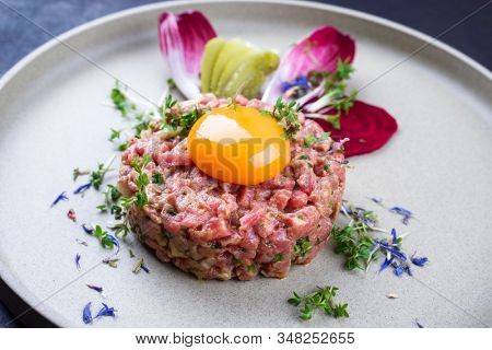 Gourmet tartar raw from beef fillet with yellow of the egg and vegetable as closeup on modern design dish