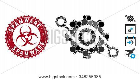 Mosaic Gear Solution Icon And Distressed Stamp Seal With Spamware Caption And Biohazard Symbol. Mosa