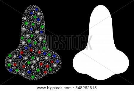 Flare White Mesh Nose With Glare Effect. Abstract Illuminated Model Of Nose. Shiny Wire Carcass Poly