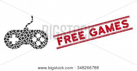 Mosaic Video Games Icon And Rubber Stamp Seal With Red Free Games Caption Between Double Parallel Li