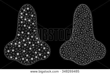 Glossy Mesh Nose With Lightspot Effect. Abstract Illuminated Model Of Nose Icon. Shiny Wire Frame Tr