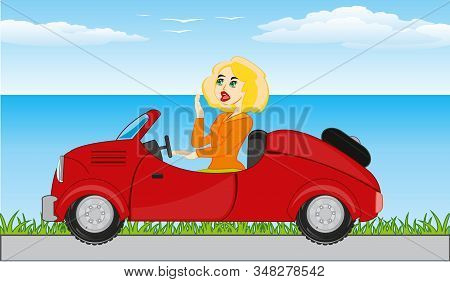 Girl Goes To Car On Road Beside Seeshore