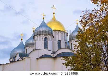View Of The Domes Of Old St. Sophia Cathedral On A Cloudy October Afternoon. Veliky Novgorod, Russia