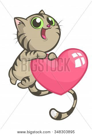 Cartoon Funny Kitty Holding A Heart Love. Illustration For St Valentines Day.