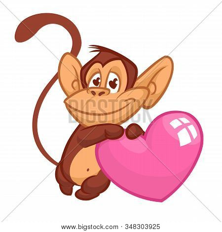 Cartoon Cute Chimpanzee Monkey In Love And Holding A Love Heart. Illustration For St Valentines Day.