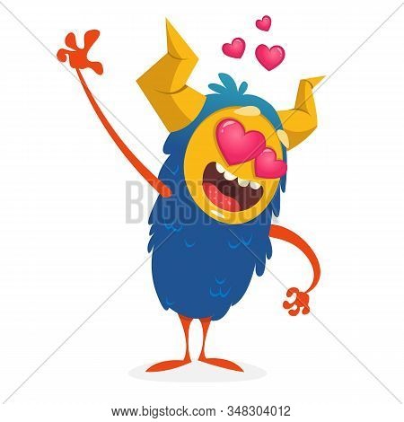 Cartoon Blue Horned Monster In Love. St Valentines Monster. Illustration Of Loving Monster And Heart