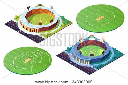 Set Of Isolated Circle Cricket Pitch Or Grass Field. Day, Night Stadiums For Cricketer Sport Competi