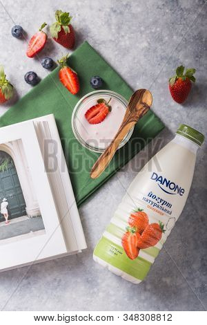 Kyiv, Ukraine - Jenuary 05, 2020: Danone Yogurt Botl. Smoothie Or Smoothy Bowl With Granola, Fruits 