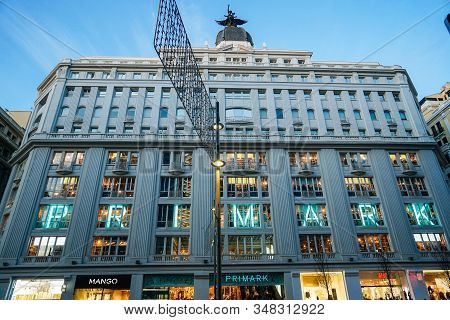 Madrid, Spain. December 26th, 2020. Facade Of The Building Of Primark Clothes Store.