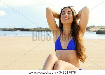 Sunbathing Bikini Girl Enjoying Sun On Sand Beach In Lanzarote, Canary Islands. Summer Lifestyle Por