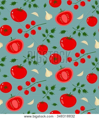 Tomatoes, Garlic, Herbs, Cherry Tomatoes. Vector Illustration Of Flat Design. Seamless Pattern
